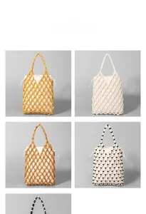 Close-up of four colors of hollow beaded handbags with drawstring liners for vacation