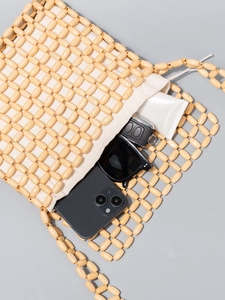 Handmade wooden bead crossbody bag with cream canvas inner pouch for beach vacation