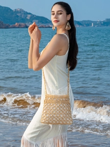 Damen Handgewebte Holzperlen Schultertasche Hohl Rautennetz Umhängetasche Für Strandurlaub Böhmische Handgefertigte Handtasche
