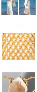 Detail of wooden bead woven handbag showing natural texture and drawstring inner pouch