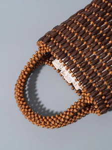 Handmade woven beaded tote bag with contrasting wooden beads and cotton lining