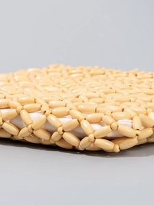Handgefertigte Umhängetasche aus Holzperlen mit Olivenform und weißem Canvas-Futter