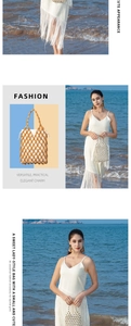 Detail of beaded wooden handbag with white drawstring pouch and beach vacation style