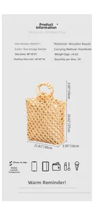 Spécifications détaillées d'un sac à main en perles de bois avec dimensions et capacité