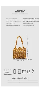 Detail of beaded wooden tote bag showing 16x3x14cm dimensions and inner drawstring pouch