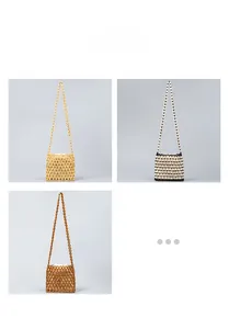 Detailed view of handmade beaded bucket bags with woven geometric patterns and inner linings
