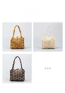 Detail view of handmade wooden bead bags in brown, yellow and white colors