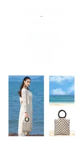 Close-up of woven bead handbag with black circular handles for beach vacations