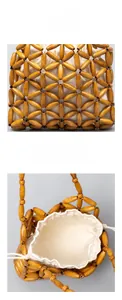 Detail of hand-woven wood bead handbag featuring a natural texture and canvas drawstring liner