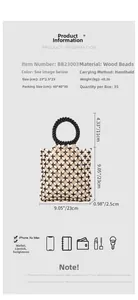 Detail view of handmade woven wooden bead tote bag showing dimensions and item capacity