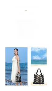 Detail view of black hollow beaded handbag with cream drawstring pouch for beach vacation
