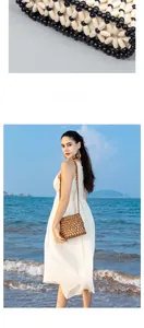Detail of handcrafted woven wood bead bag with boho beach vacation style texture