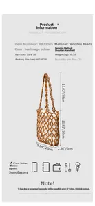 Detaillierte Maße der handgefertigten Holzperlen-Tasche mit weißem Stofffutter