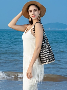 Hand Woven Wooden Beads Handbag Bohemian Beach Vacation Bucket Shoulder Bag With Drawstring Canvas Inner Pouch For Women