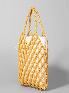 Handmade yellow wooden bead tote bag with canvas drawstring liner for women