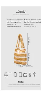 Detail view of handmade hollow wooden bead handbag showing inner capacity and size specs