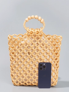 Sac à main en perles de bois fait main avec anses rondes et pochette intérieure à cordon