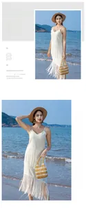Detailed view of a hand-woven beaded tote bag in beige and white for beach vacations