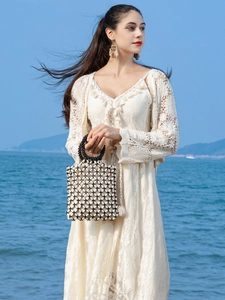 Women Handmade Beaded Handbag Woven Hollow Out Wood Bead Bag For Beach Holiday Vacation Bohemian Style Vintage Tote Bag