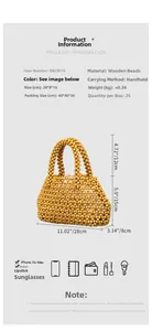 Detailed view of handmade wooden bead woven handbag with dimension specifications