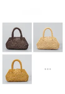 Detailed comparison of handmade wooden beaded handbags in brown, cream, and mustard yellow