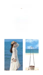 Detailed view of woven straw bucket bag with ethnic patterns and adjustable thin strap