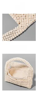 Detail of hand-woven beige wooden bead handbag with internal drawstring pouch