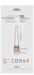 Detail view of woven straw bucket bag showing wood beads and fringe with size dimensions