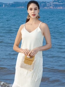 Handmade Maple Wood Beaded Handbag Woven Hollow Out Contrast Color Bohemian Vacation Travel Handbag For Women