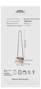 Detail of hand-woven straw bucket bag with geometric patterns and beaded shoulder strap