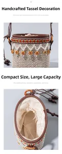 Detail of woven straw bucket bag with floral wood accents and pearl embroidery
