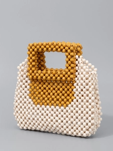 Handmade beaded tote bag with wood-style geometric pattern for beach and vacation