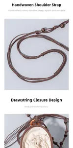 Detail of woven cotton shoulder strap with wooden beads and drawstring inner pouch