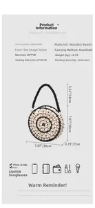 Detail showing handmade wooden beaded bag dimensions and features for beach vacation
