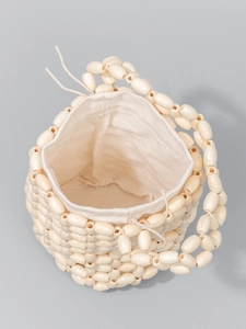 Handmade woven bead bucket bag with drawstring canvas liner for beach vacation