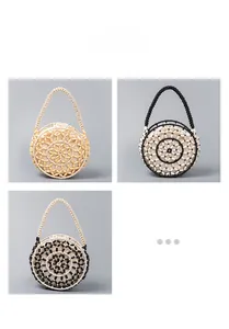Detailed view of handmade circular beaded handbags with geometric floral weaving patterns