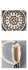 Close-up of handmade woven wooden bead bag with geometric pattern and canvas liner