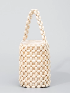 Handmade Wood Bead Handbag For Women Vintage Boho Woven Bucket Bag Beach Vacation Summer Casual Tote Bag With Drawstring Inner Bag