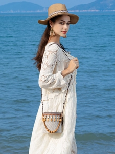 Bohemian Straw Woven Bucket Bag For Women Vintage Geometric Pattern Beaded Crossbody Shoulder Bag Beach Vacation Travel