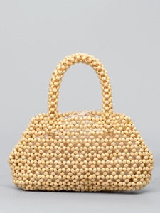 Handmade beaded wooden tote bag with drawstring inner pouch for summer beach vacation