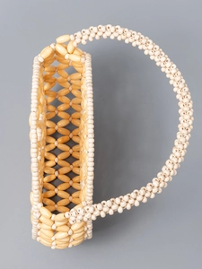 Handmade woven beaded handbag with round wooden beads and D-shaped handle for beach vacation