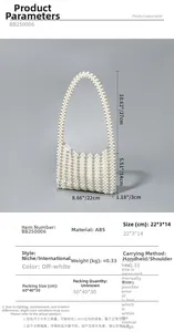 Detail view of handmade cream beaded pearl shoulder bag with specific 22x3x14cm dimensions