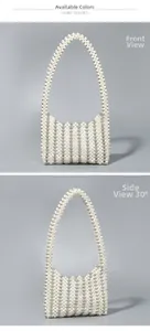 Detailed front and 30-degree side views of white beaded handmade pearl shoulder bag