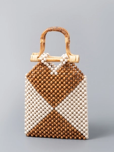 Handmade Woven Wood Bead Handbag With Bamboo Handle Geometric Hollow Out Beach Vacation Tote Bag For Women