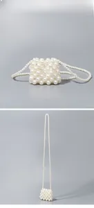 Detailed front and 30-degree side views of handmade pearl mini crossbody bag
