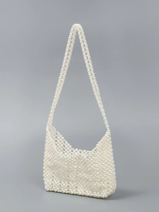 Sac bandoulière élégant en perles blanches fait main avec un design rectangulaire