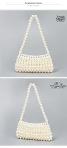 Detailed views of the cream white handmade pearl woven handbag showing front and side angles