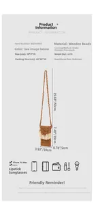 Detailed size chart of the handmade wooden beaded phone bag with tassel trim and dimensions
