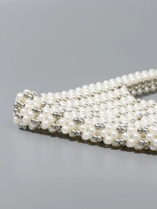 Handcrafted pearl and silver beaded tote bag with minimalist shoulder strap design