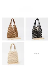 Detail showing handcrafted beaded bag with tassels and drawstring inner pouch in three colors